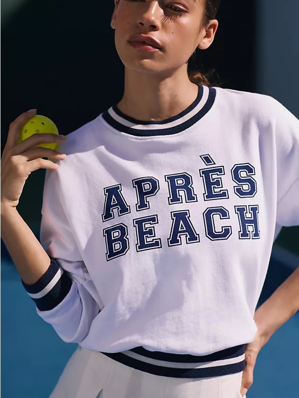 Sundry White Pullover with Navy 'APRÈS BEACH' Varsity Letters